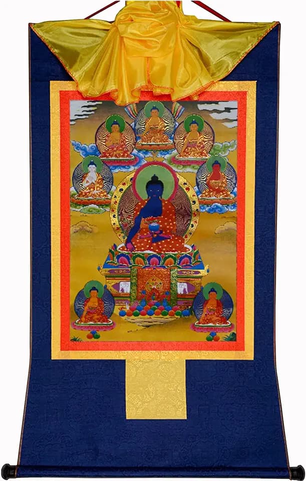 Gandhanra Thangka Tibetische Wandbehang,Acht Medizinischer Buddhas Thangka,Heißgeprägter Buddha Wandteppich für Zen Wohnkultur, Meditation, Spirituelle Entspannung und Ruhe