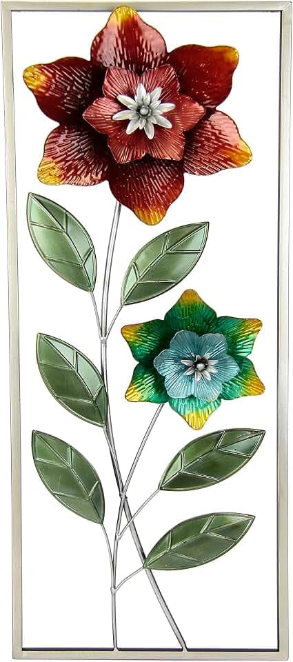 Wanddeko Metall Wandskulptur Blumen Blätter Metallbild Wandbild Wandschmuck Blume Bild 3D Skulptur Einzigartig Deko Terrassendeko Wandrelief Abstrakt Extravagant Blüten, Rot, ca.74x28 cm