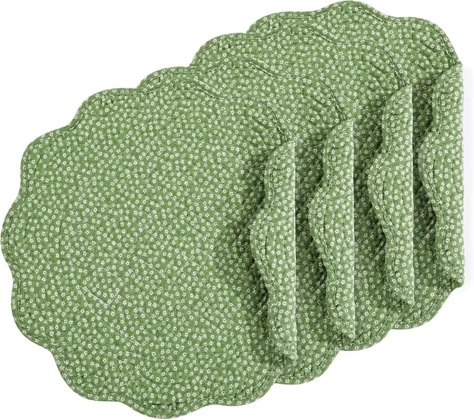 HOMBYS Quilted Placemats Set of 4 Washable Round Placemats for Kitchen Table-100% Cotton Fabric Round Table Mats, (Green with White Flower)