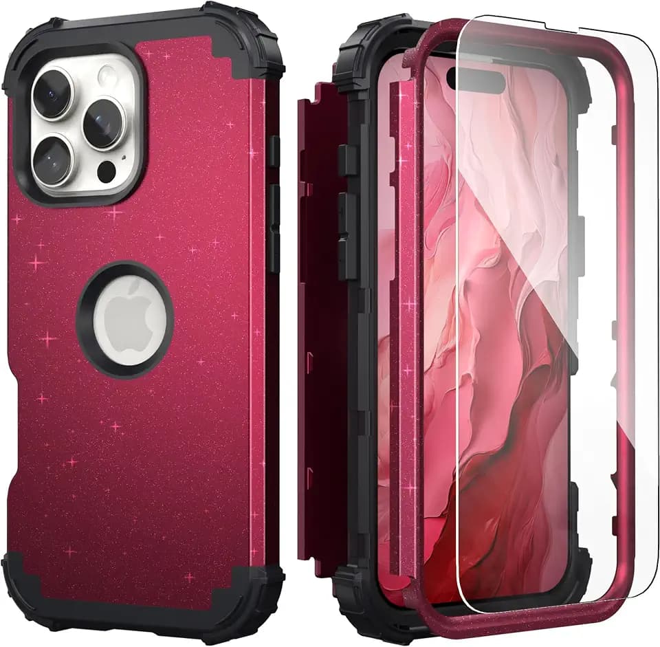 IDweel for iPhone 16 Pro Max Case with Screen Protector, Glitter Cherry Red