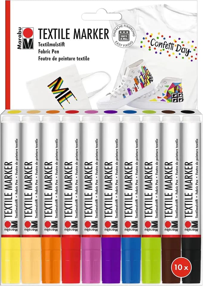 Marabu Textile Marker, 10er Set Textilstifte für helle Stoffe, Stoffmalstifte mit 3 mm Spitze, kräftige Farben auf Wasserbasis, vegan, nach Fixierung waschmaschinenfest bis 60°C, 0115000000200