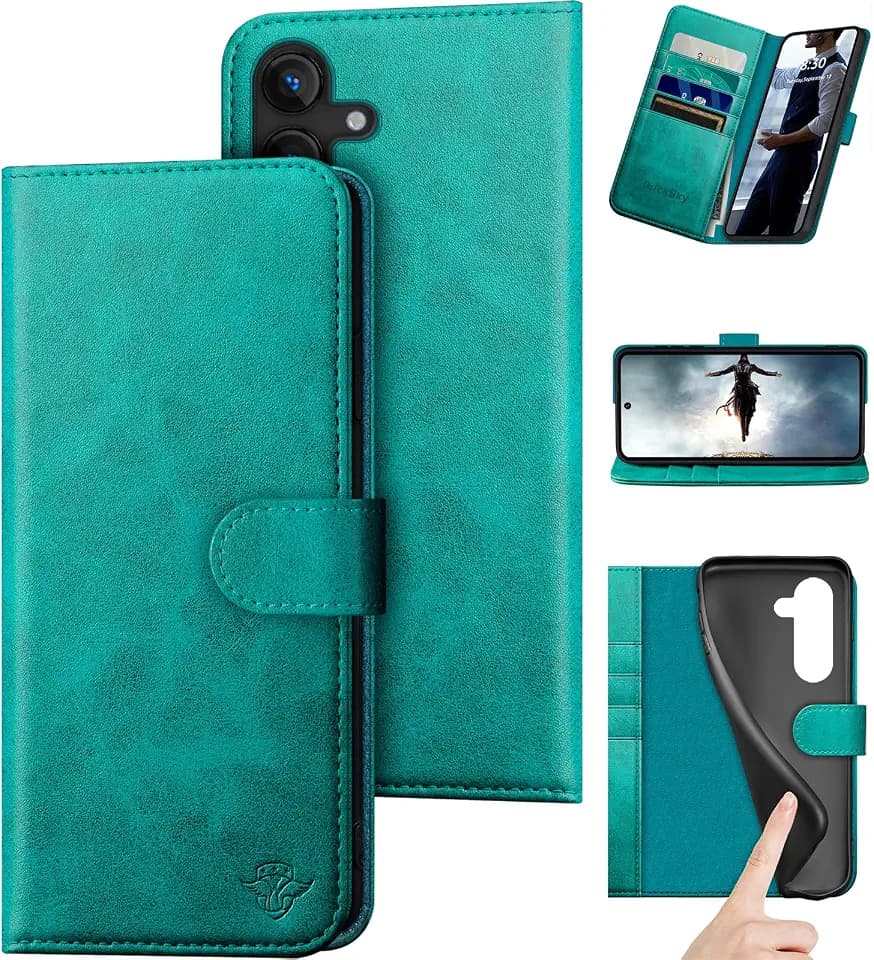 DuckSky Compatible with Samsung Galaxy S25 FE Genuine Leather Wallet case【RFID Blocking】【4 Credit Card Holder】【Real Leather】 Flip Phone case Cover Women Men for Samsung S25FE case Blue Green