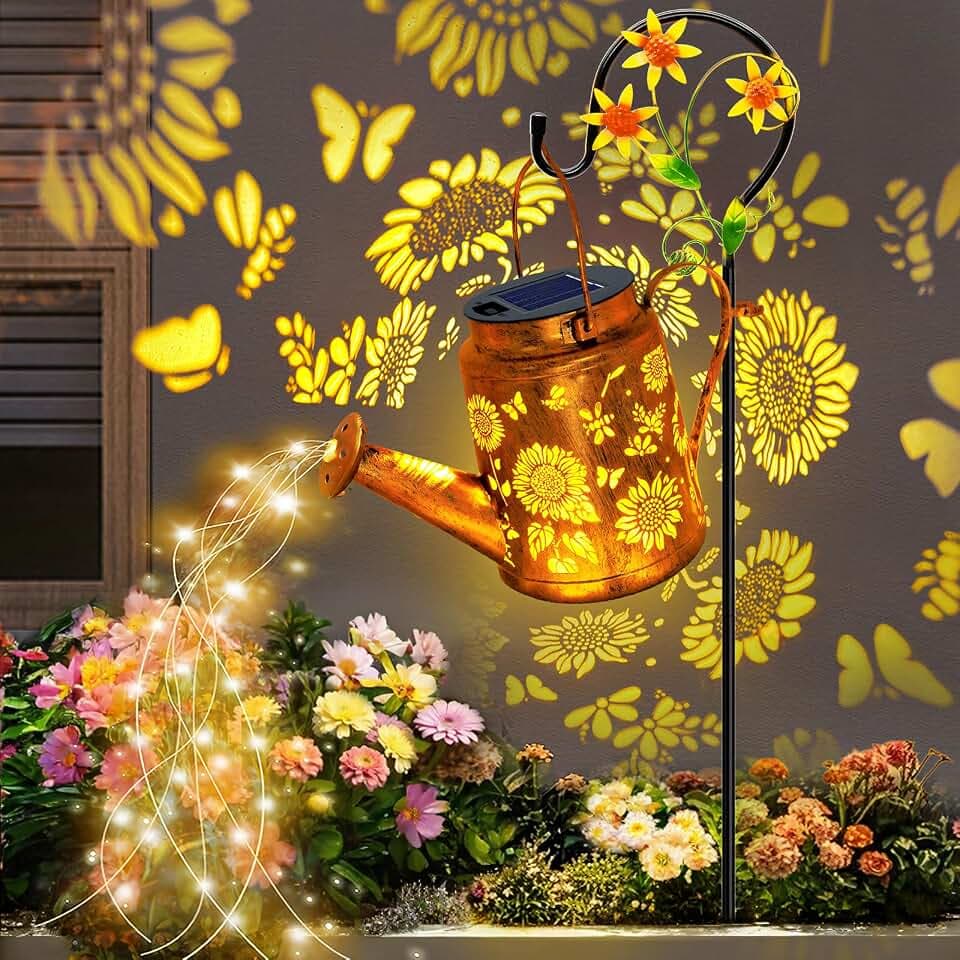 Solar Lights Outdoor Waterproof, Sunflower Watering Can Lights Garden Decor