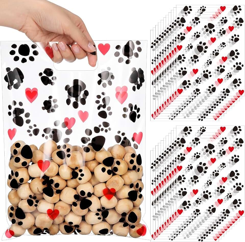Pasimy 200 Pcs Puppy Dog Paw Gift Bags Plastic Paw Treat Bags with Handles