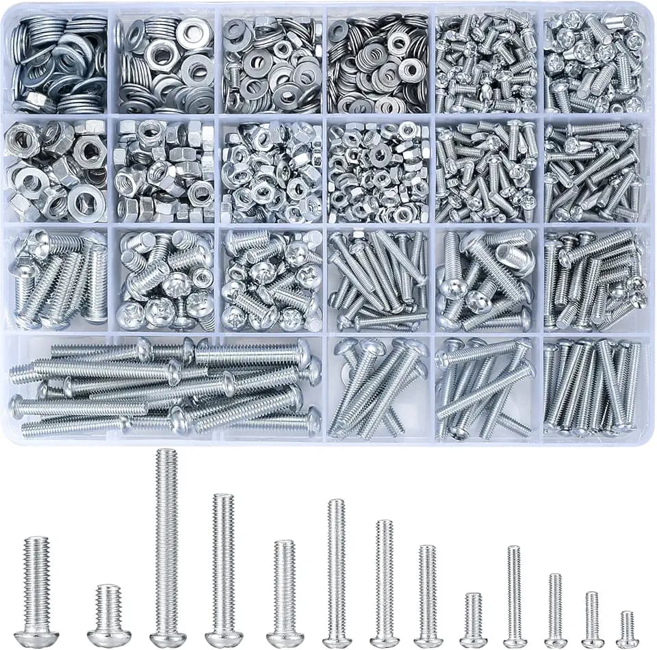 Vwoqiy 1080 Stk M3 M4 M5 M6 Schraubenset mit Sechskantmuttern und Unterlegscheiben, Linsenkopfschrauben, Gewindeschrauben Set, Kreuzschlitzschrauben, Maschinenschrauben Sortiment Kit(Silber 1080)