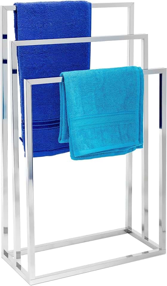 Relaxdays Handtuchständer HxBxT:82,5x46x21cm, verchromtes Metall, Silber | 3 Stangen, Badaccessoire/Kleiderbutler