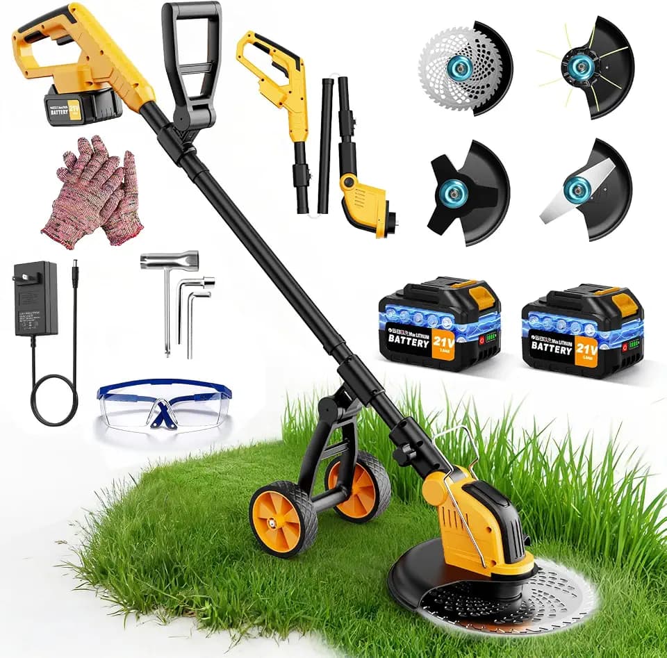 Brushless 4-in-1 Cordless Weed Wacker Edger with Wheel, 20000RPM 12'' Electric Weed Eater Battery Powered Brush Cutter, Grass Trimmer Stringless Weed Trimmer Lawn Mower Metal Blade Battery Charger