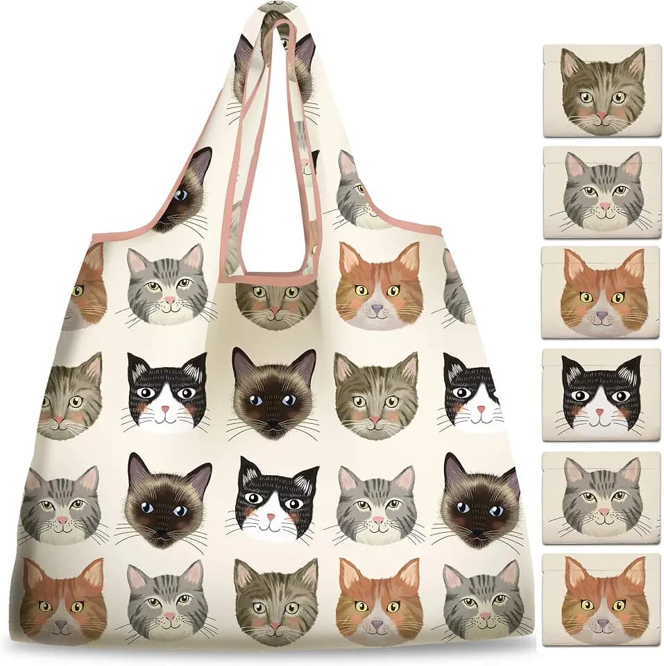 NymphFable Cat Shopping Bags, 6 Pack Reusable Grocery Tote Bags 50LBS