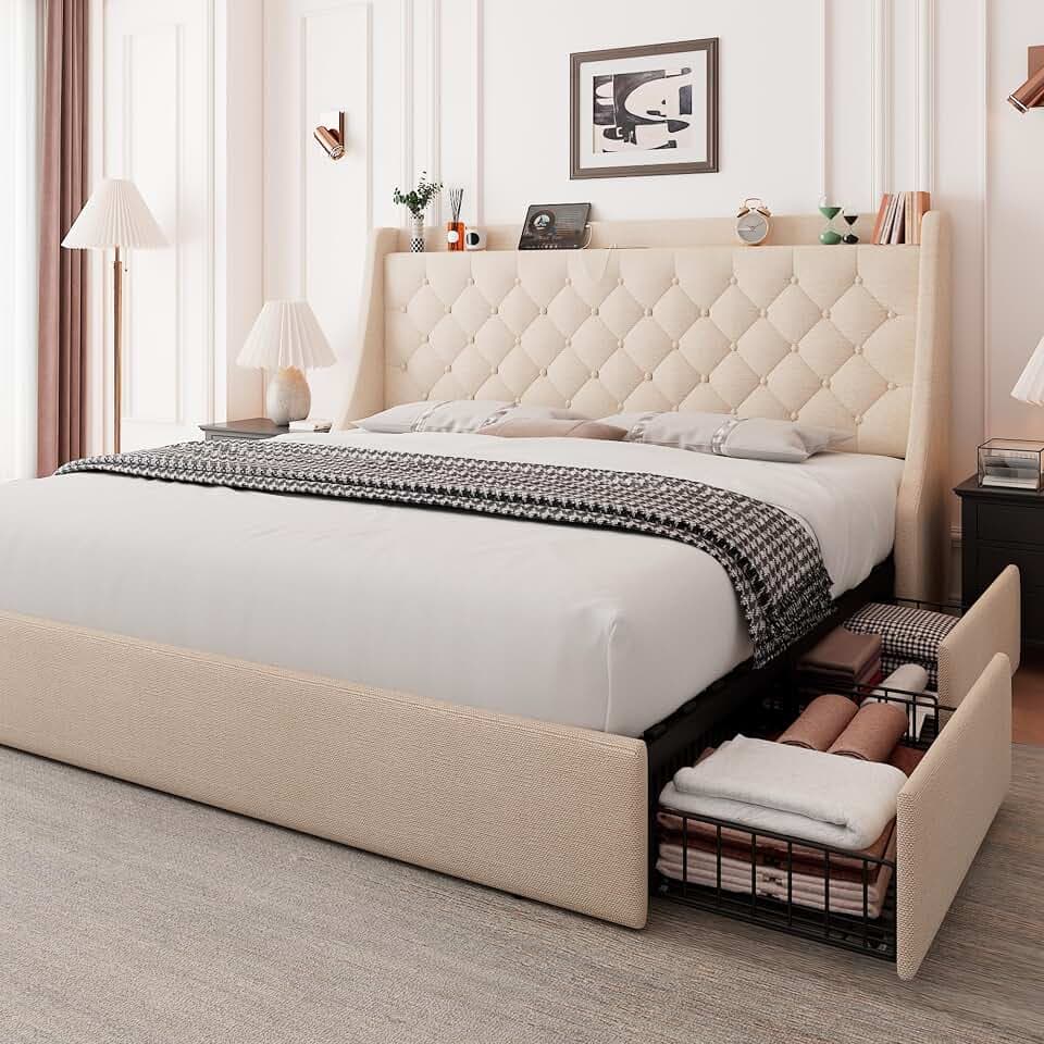 Feonase King Size Bed Frame with 4 Storage Drawers, Upholstered Storage Bed with Charging Station, Tufted Wingback Headboard, No Box Spring Needed, Beige
