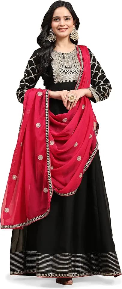 TRENDMALLS Damen Rangoli Seide Stickerei Anarkali Kurta Set Salwar Anzug Schwarz Kurta Hose mit rosa Dupatta für Frauen