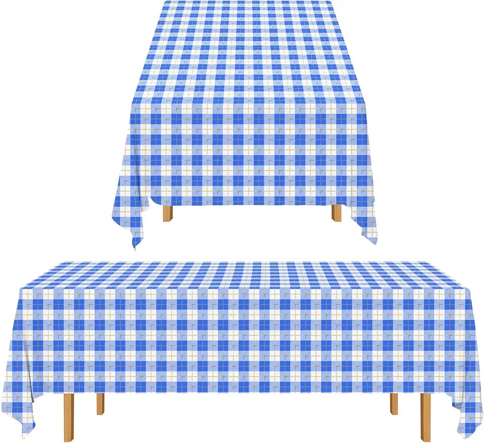 Gatherfun 3PCS Blue and White Gingham Checkered Tablecloth 54X108Inch Disposable Waterproof Table Cover with Gold Stamping for Picnic Birthday Easter July 4th Graduation Baby Shower