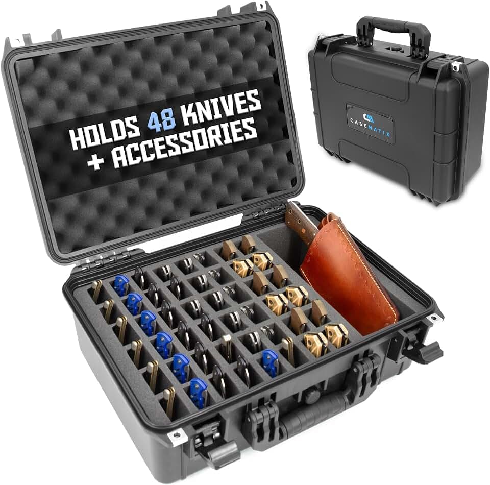 CASEMATIX 48 Folding Knife Storage Case - Waterproof Lockable Knife Organizer for Pocket Knives, EDC Gear & Swiss Army Knives Up to 6" with Accessory Compartment for Sharpeners & Tools