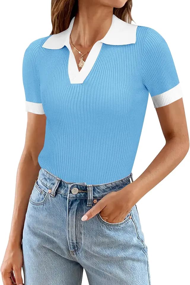 Ivicoer Womens V Neck Sweaters Dressy Casual Short Sleeve Sweater Slim Fit Lightweight Knit Tops