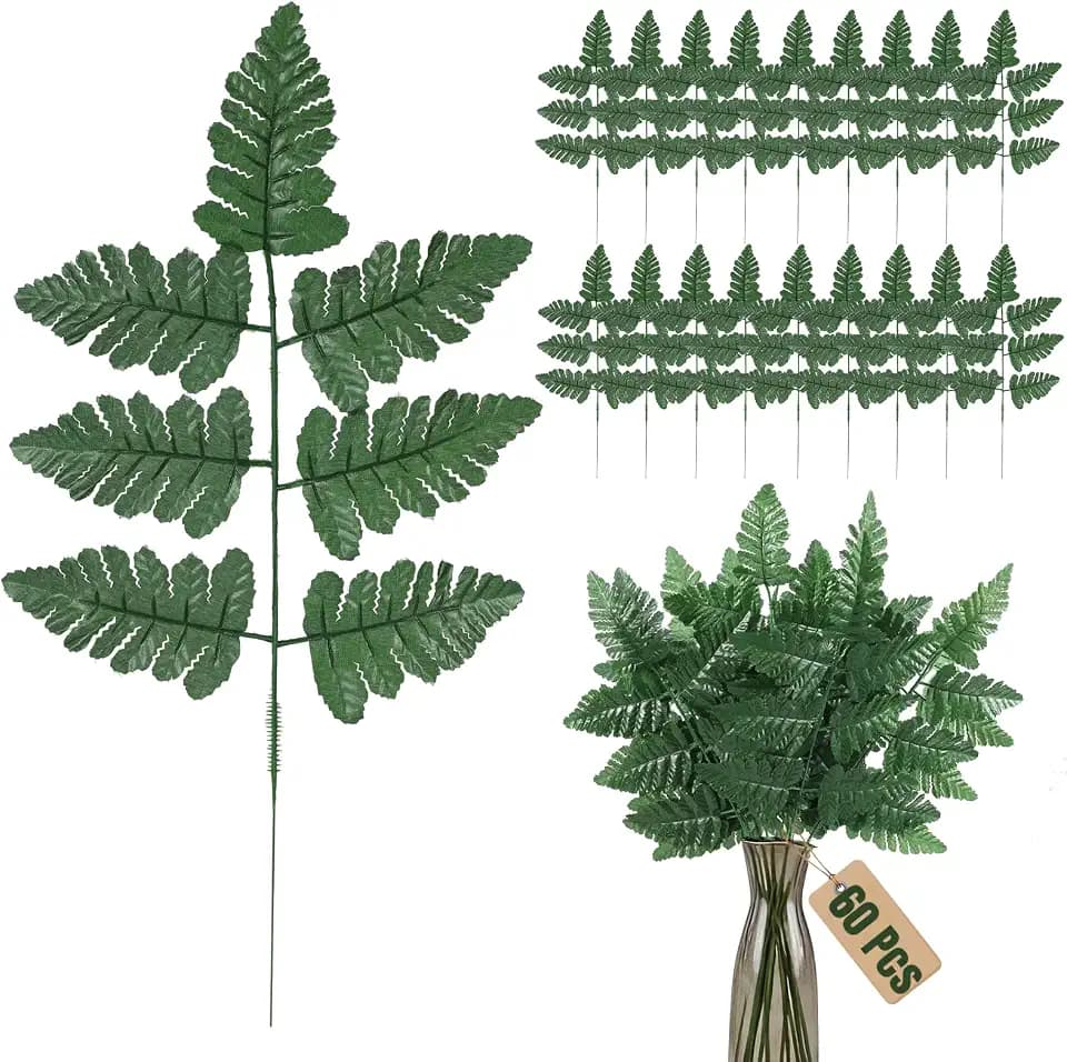 60 Pcs Artificial Fern Leaves, 17" Realistic Faux Fern Greenery Stems