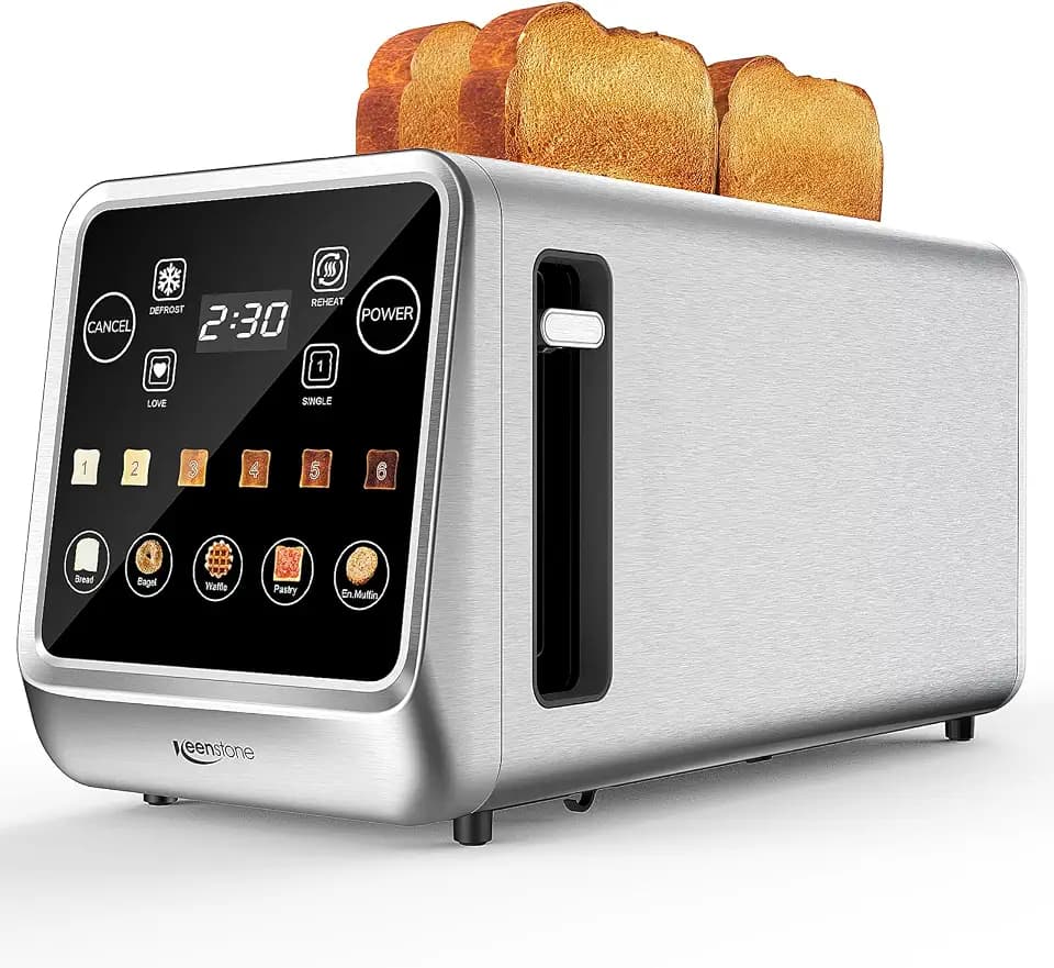 Keenstone Toaster 4 Scheiben, LED Display Touchscreen mit Memory-Funktion, Single-Slice-Technologie, Timer, Auftau- & Aufwärmfunktion, 6 Bräunungsstufen, 5 Brotprogramme, Krümelschublade, Edelstahl