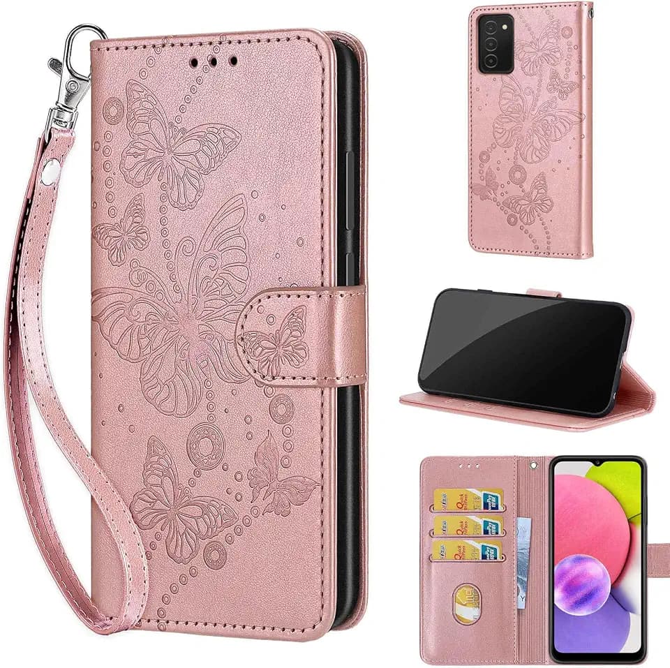 Wallet Case for Samsung Galaxy A03s, Rose Gold Butterfly