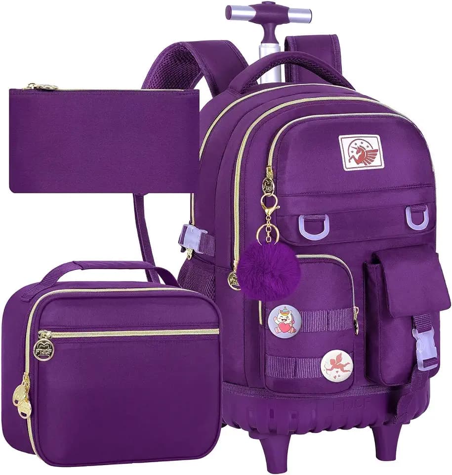 WZLVO Rolling Backpack for Girls Women, 21 inch Water Resistant Roller Wheels Backpacks, Wheeled Bookbag with Lunch Bag for Teen Elementary School Travel - Dark Purple