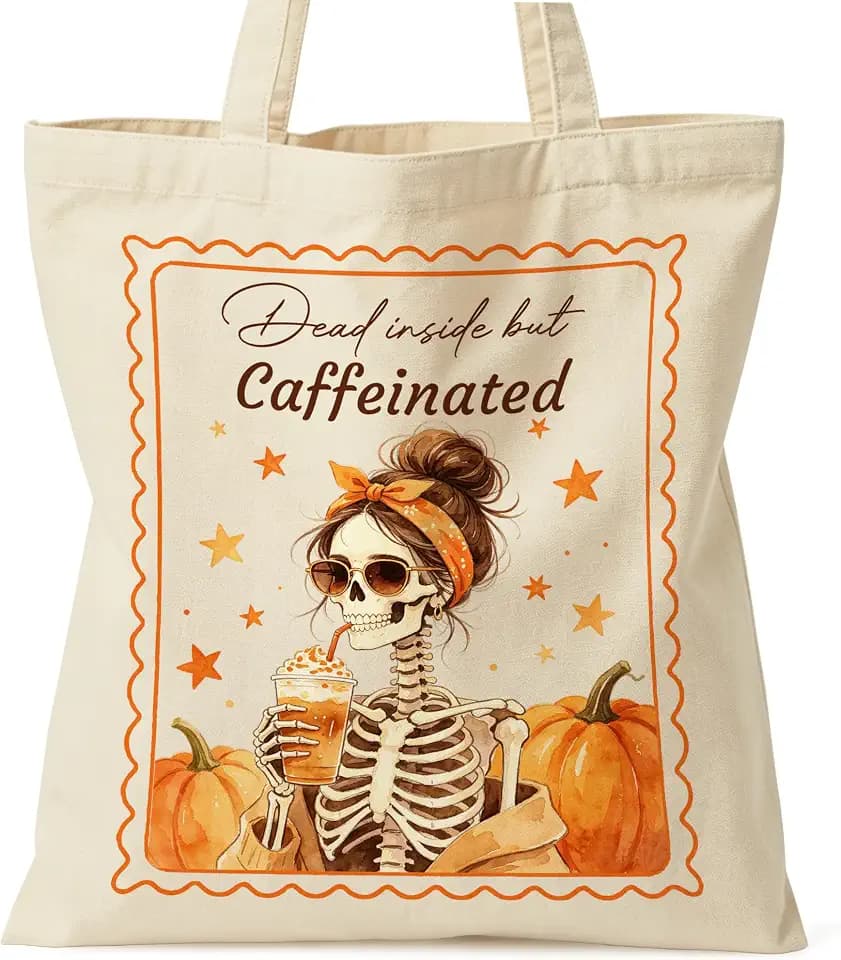 Coffee Skeleton Tote Bag, Pumpkin Season Canvas Bag