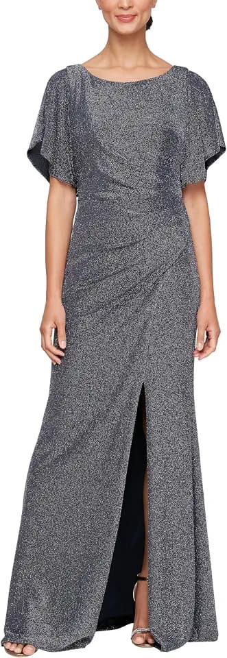 Alex Evenings Women's Long Metallic Ruched Flutter Sleeve Gown with Side Slit, Mother of The Bride, Formal Dress