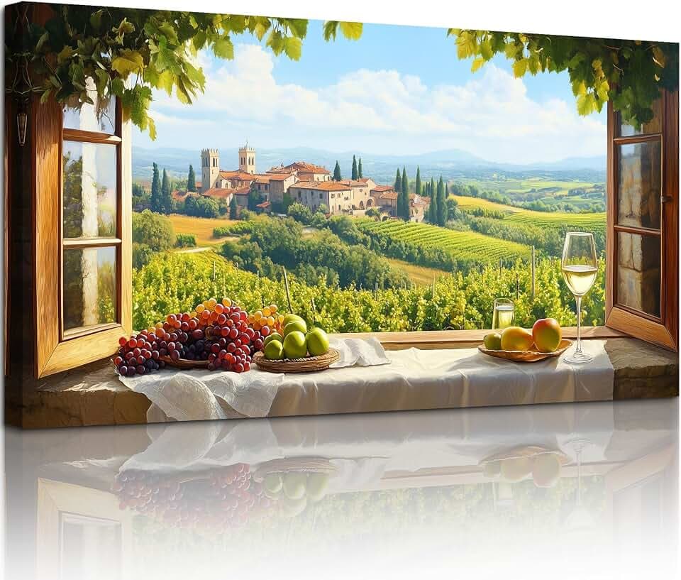 crmotu Rustic Kitchen Wall Art, Vineyard Wine Country Pictures 29x57 In