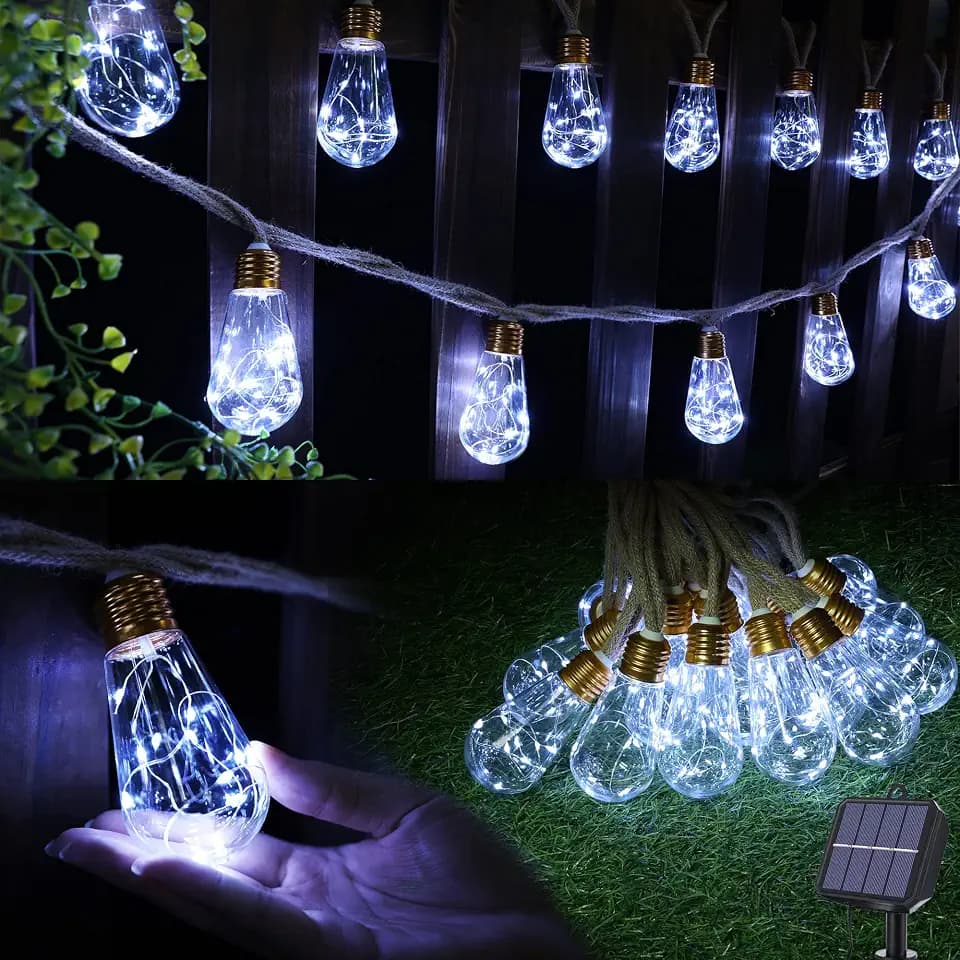 Solar Outdoor String Lights, 20Ft Vintage Rope Hemp Solar Patio Lights