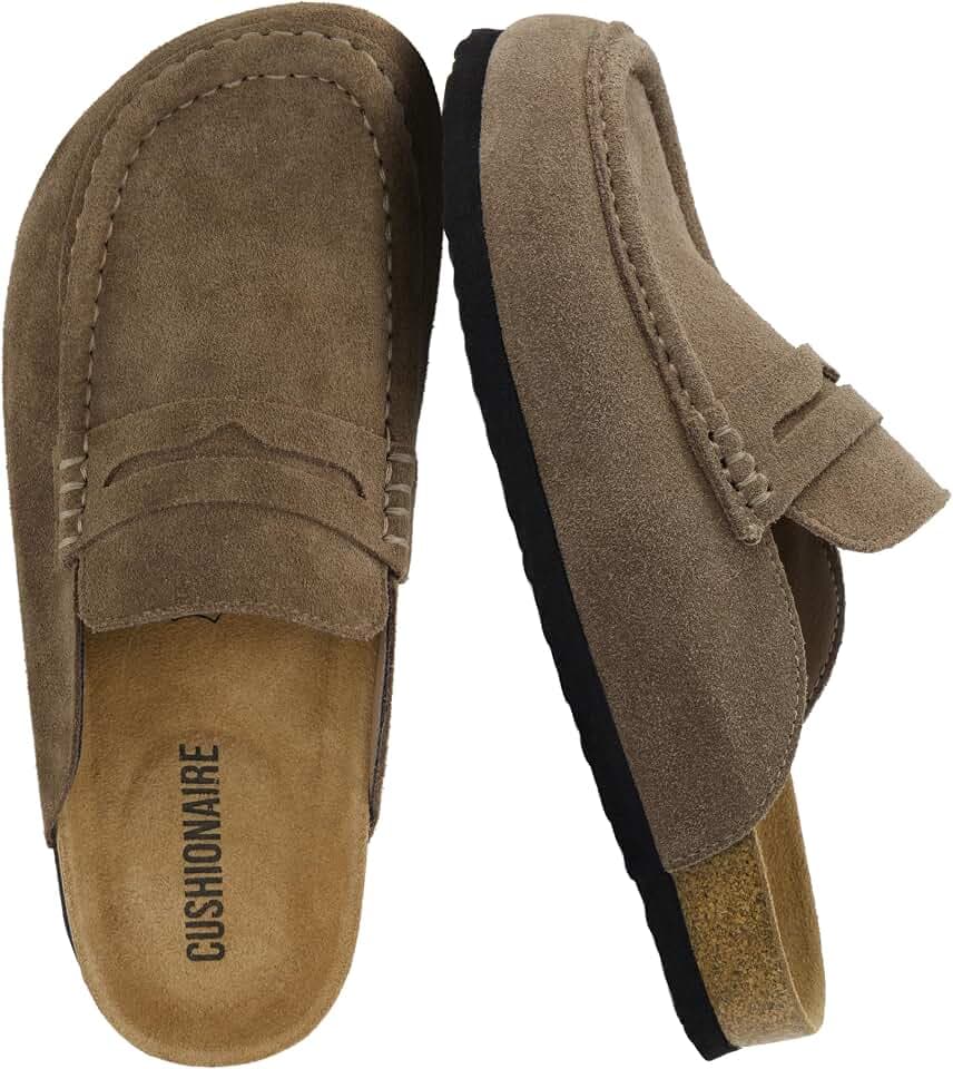 CUSHIONAIRE Fondu Genuine Leather Mule Clogs for Women, Comfortable Slip On Womens Shoes with Penny Strap Accent and Memory Foam Footbed