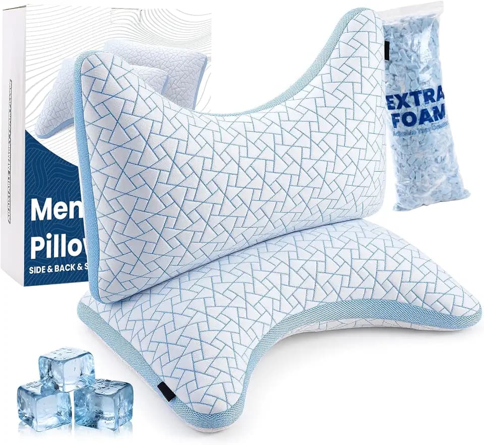 Verstellbares Memory Foam Kopfkissen, Seitenschläferkissen mit Nackenstütze | Q Size*2, Ergonomische Kurve, Höhe/Festigkeit Anpassbar, Waschbarer Zweiseitiger Bezug, Bambusseite, Kühlseite, OEKO-TEX