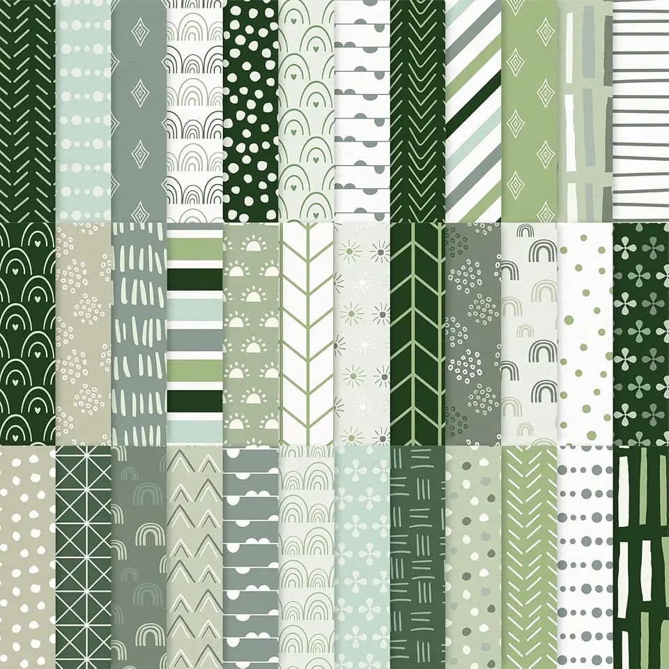Whaline 36 Sheets Sage Green Boho Pattern Paper Rainbow Stripe Dot Scrapbook Specialty Paper Double Sided for DIY Crafts Card Making Photo Album Decor, 6 x 6 Inch