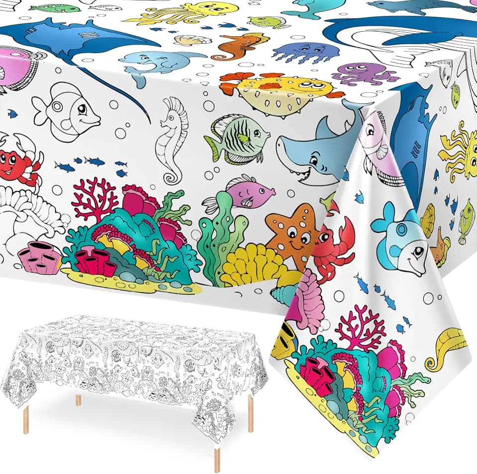 Giant Under The Sea Party Coloring Tablecloth for Kids - Huge Ocean Animals Theme Table Cover Large Under The Sea Shark Painting Poster for Children Birthday Party Supplies 54x108 Inch
