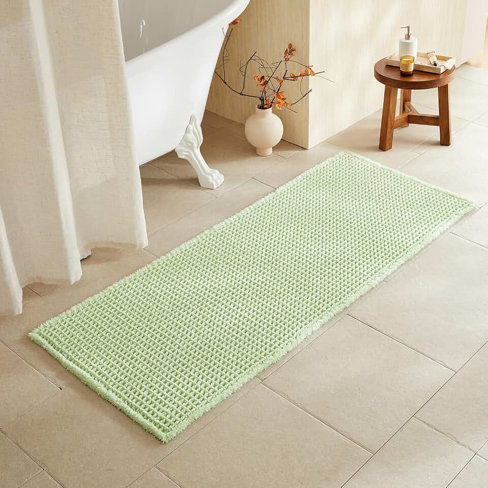 TYUU Waffle Runner Rug Bathroom, Long Boho Bath Mat, 60x24 Pale Green