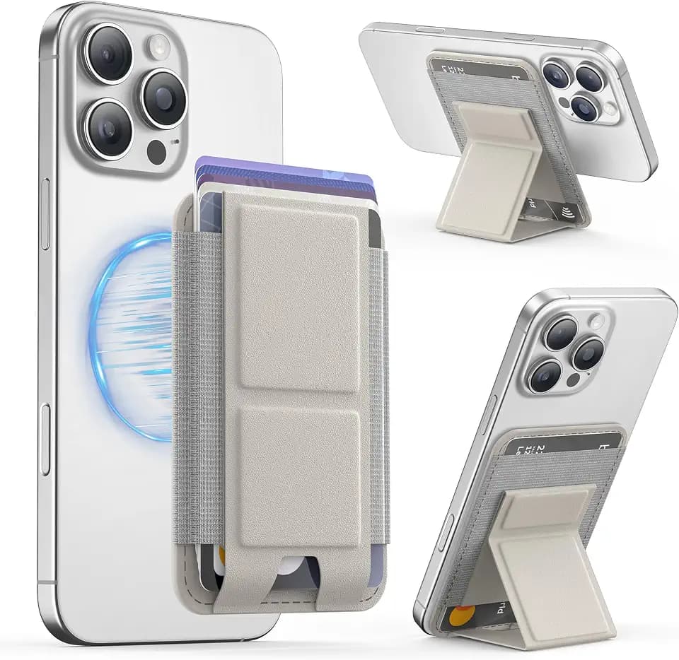 GONEZ for MagSafe Wallet with Stand, Stronger Magnetic Card Holder for iPhone 17/16/15/14/13/12 Series, Premium Leather Phone Wallet with RFID Blocking, 1 Slot, Fit 5 Cards, Stone