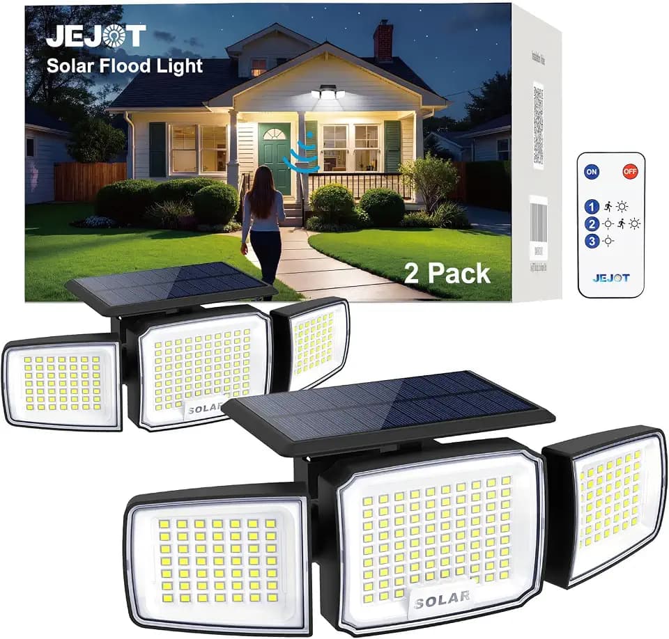 JEJOT Solar Security Light Outdoor, 3000LM Motion Sensor Flood Light, 2PCS