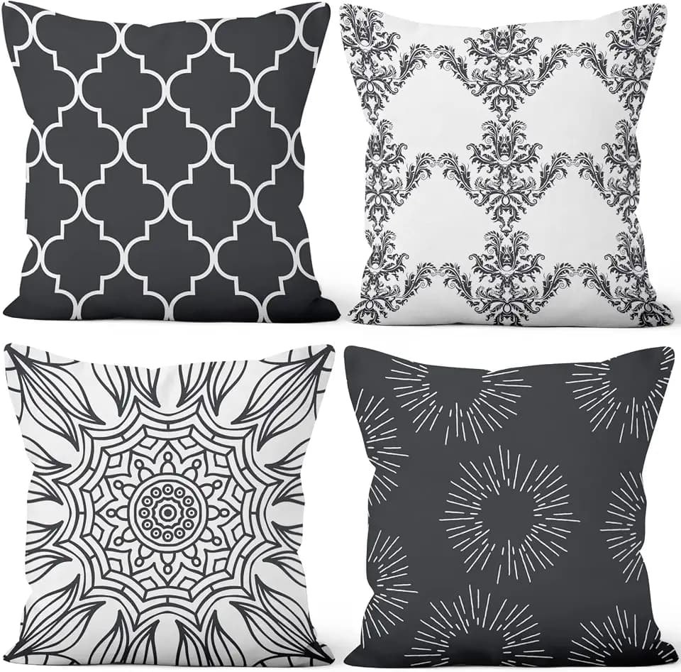 Aoihrraan Kissenbezüge 4er Set, Schwarzweiss Muster Wurfs Kissen Abdeckungen Boho Damast Blumen Weicher Kurzer Plüsch Quadrat Kissenbezug für Sofa Couch Schlafzimmer Auto Stuhl Wohnkultur 40x40cm