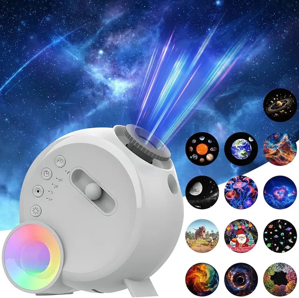Sternenprojektor und Galaxiensternprojektor, kann Musik über Bluetooth abspielen, wird mit 13 Planetenscheiben geliefert, Nachtlicht mit drei Geschwindigkeiten einstellbar