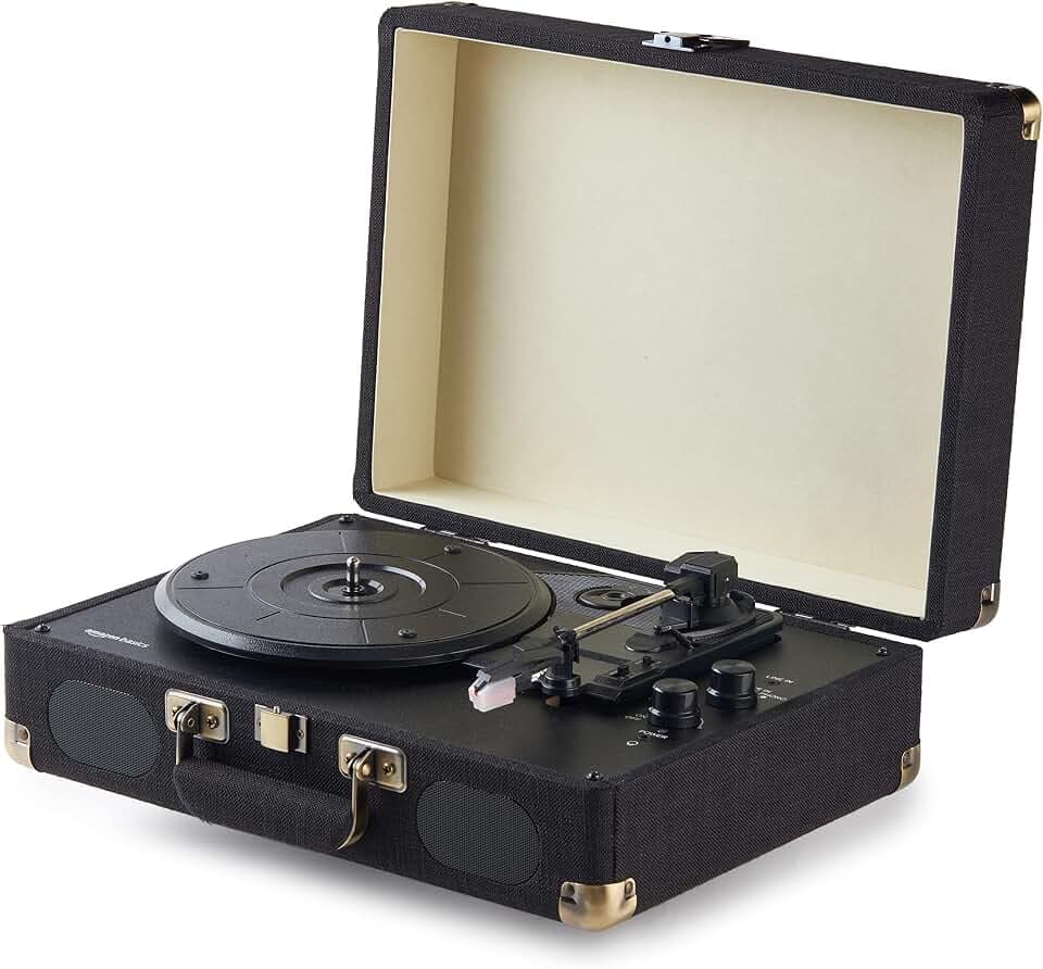 Amazon Basics Portable Suitcase Vinyl Turntable Record Player with Built-in Stereo Speakers, Belt Drive, 3-Speed, Bluetooth Playback, Black