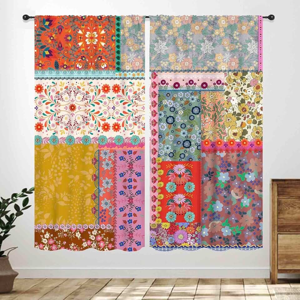 Boho Floral Curtains,Vintage Patchwork Flower Country Spring Colorful Wildflowers Splicing Pattern Window Treatments for Girls Lady Bedroom Living Room Kitchen Drapes 26" W x 84" L,2 Panel Set