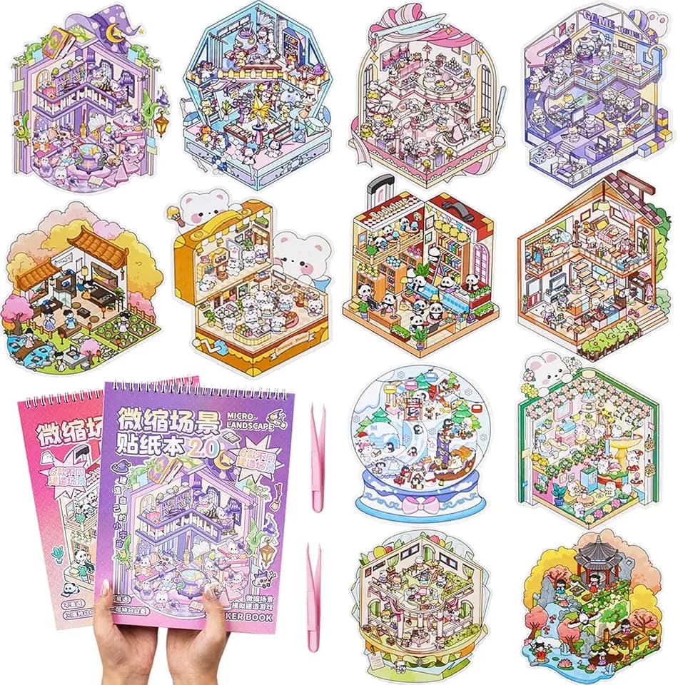 2 Books Big Size DIY 3D House Stickers Book 12 Pcs of 3D Scene Stickers