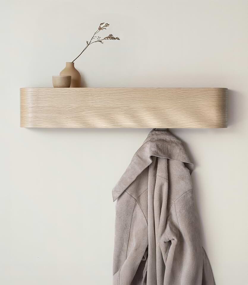 Kazai. Wandgarderobe 'Toke' | Moderne Design-Garderobe mit verdeckten Wandhaken | Garderobenpaneel aus Massivem Echtholz-Furnier | Eiche, weiß