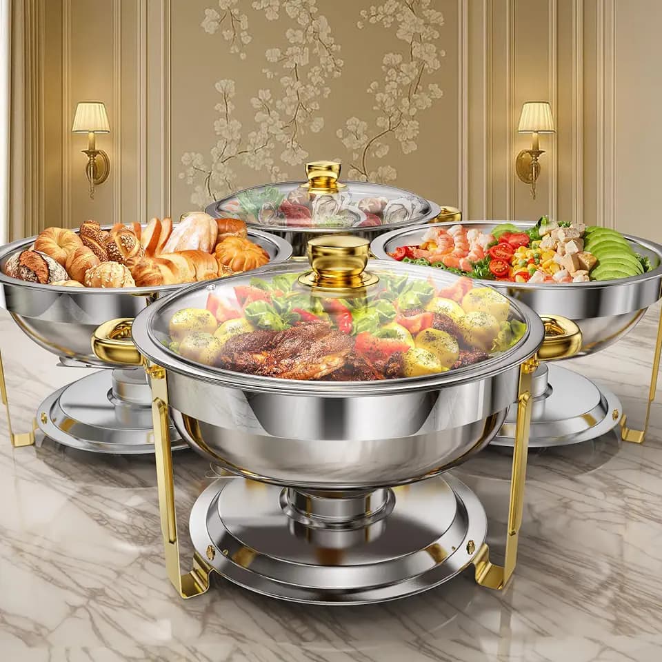4 Pack 6 QT Round Chafing Dishes for Buffet with Glass Lid, Stainless Steel