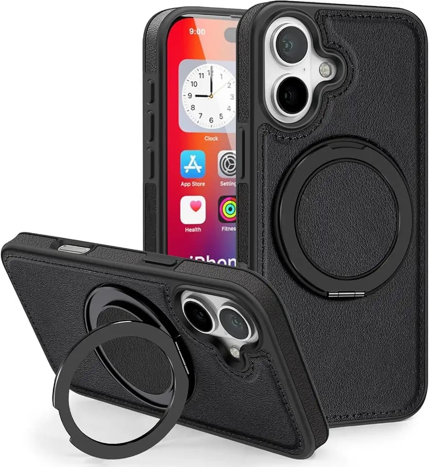 Colala Hülle für iPhone 16 mit 360° Ringständer Handyhülle, Magnetisch Kompatibel mit Wireless Charging & Auto-Halterung, Stoßfest TPU & Leder Slim Design Schutzhülle,Schwarz