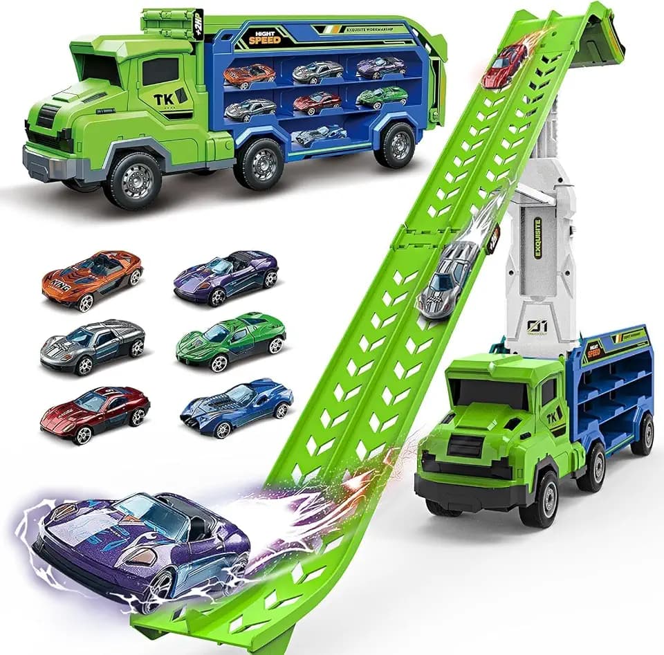 Toy Trucks for Kids Ages 3-5 4-8, Toddler Car Carrier Truck with Race Track