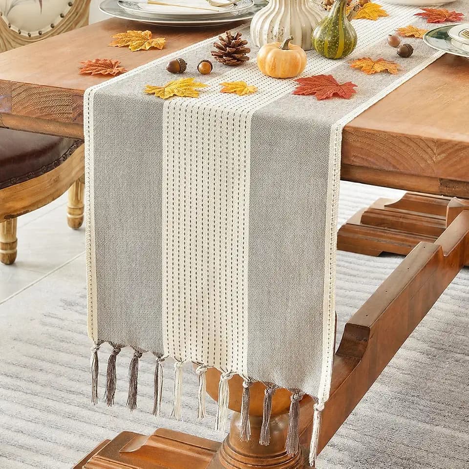 Wracra Linen Table Runner, Stripe Table Runners 108 Inches Long Coffee
