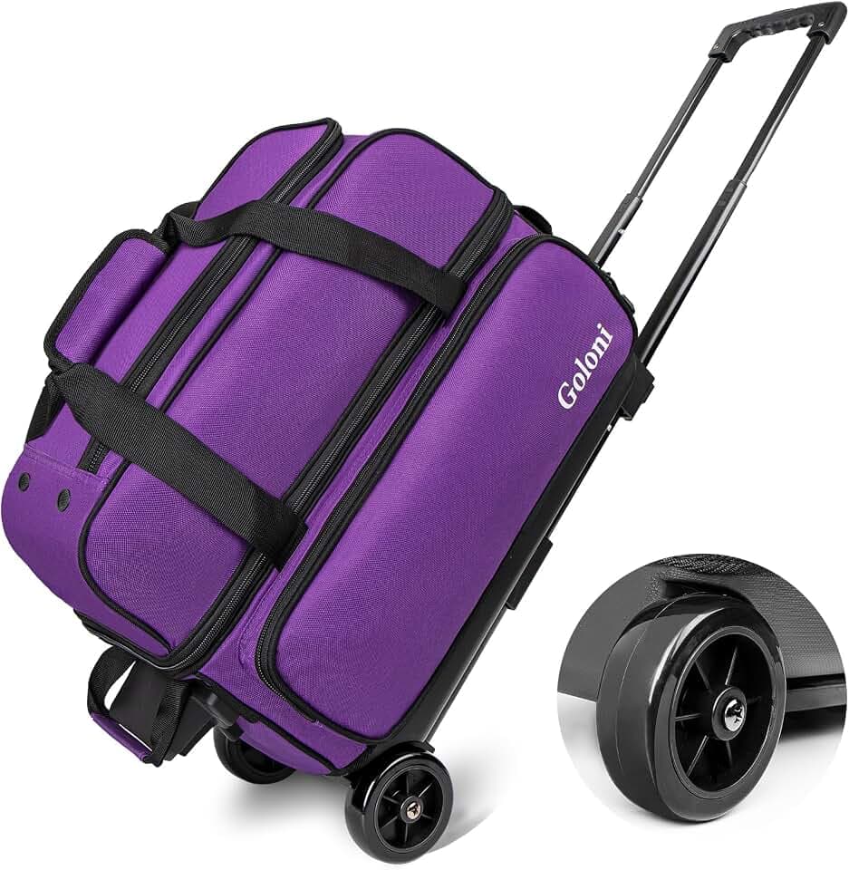 Goloni Double Roller 2 Ball Bowling Bag with Separate Shoe Compartment,2 Ball Bowling Bag with Wheels,Retractable Handle Extends to 40"