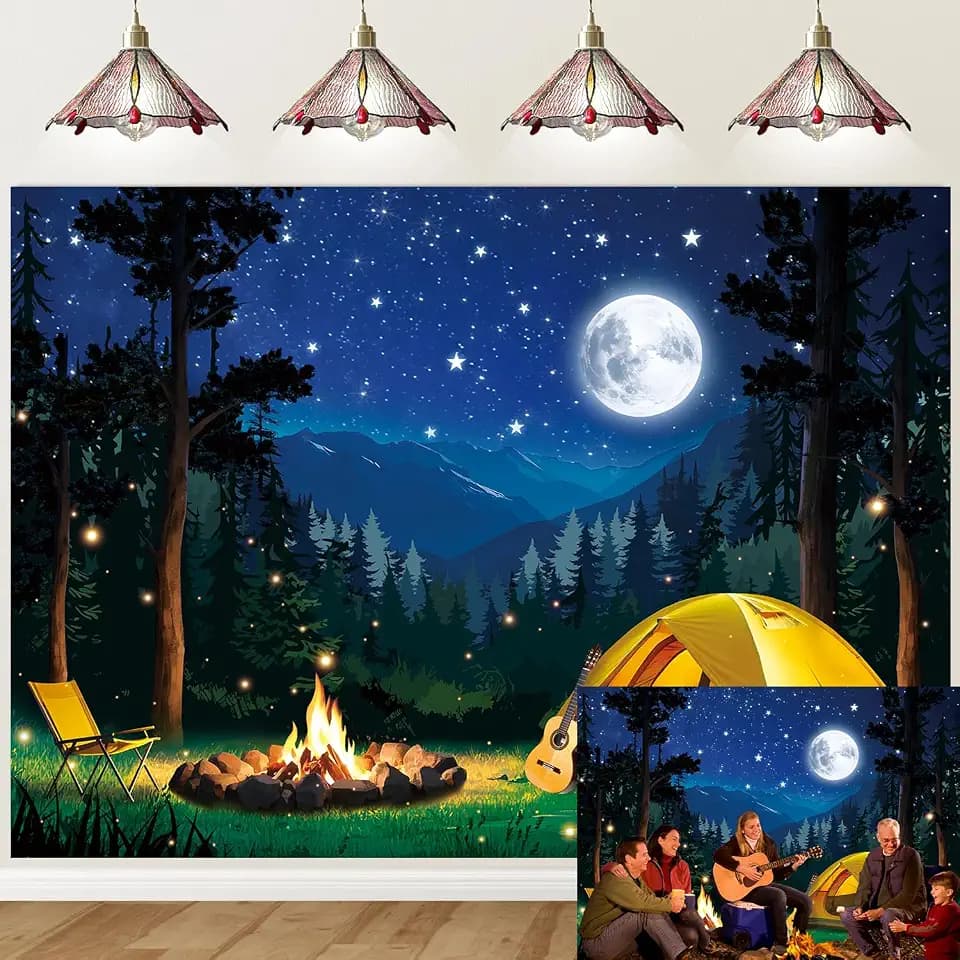 Forest Scene Camping Backdrop Night Campfire Tent Camping Adventure Bammer