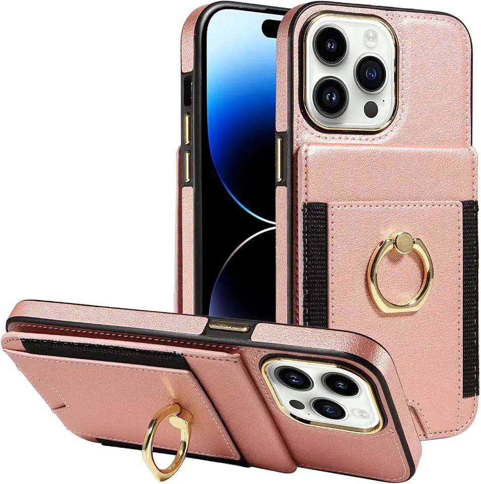 S. Tedazo for iPhone 14 Pro Max Wallet Case with Credit Card Holder and 360° Rotation Ring Stand, RFID Block Flip Leather Shockproof Cover for iPhone 14 Pro Max-Rose Gold