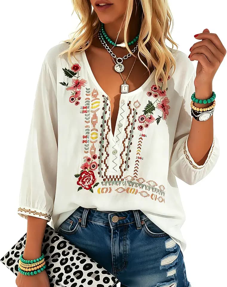 Higustar Mexican Tops for Women Embroidered Shirts Bohemian Hippie Clothes Tunic Fiesta Plus Size Boho Peasant Blouses