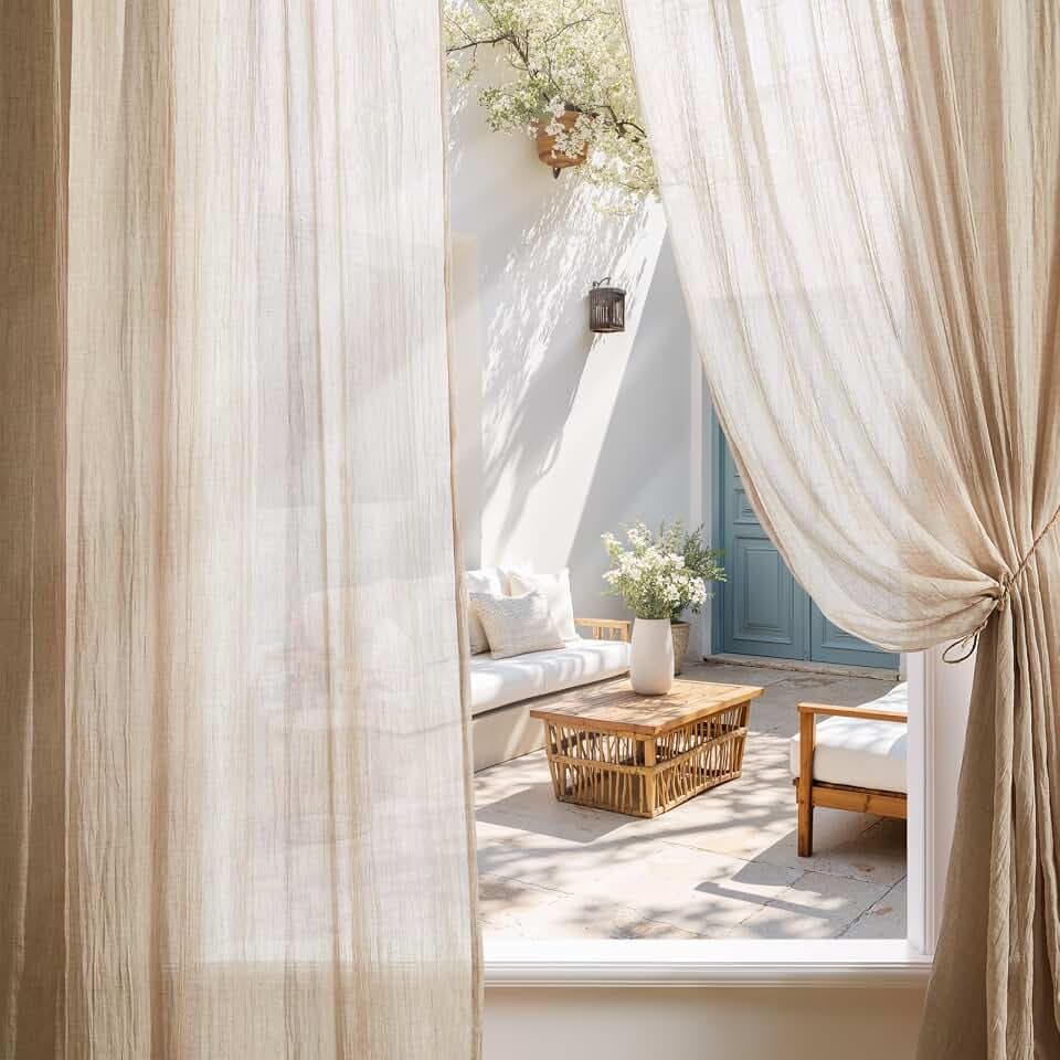 Melodieux Schlafzimmer Gardinen mit Kräuselband - Boho Voile Gardinen Vorhang 225×140cm (H×B) 2er Set, Privatsphäre, Vorhäng Leinenoptik, Schlaufengardinen Kurz fur Flur, Schlafsaal