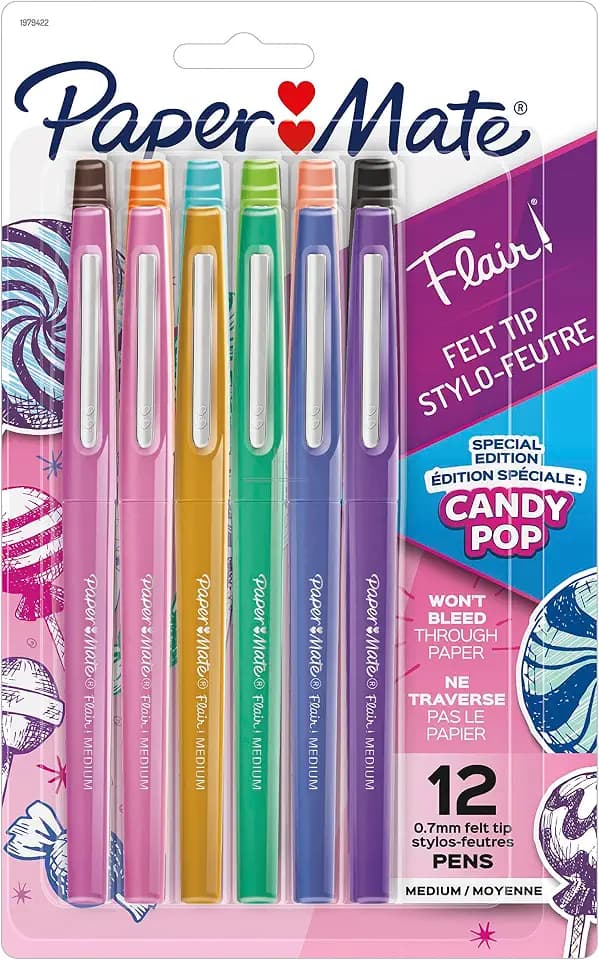 Paper Mate Flair Felt Tip Pens, Medium Point (0.7mm), Limited Edition Candy Pop, Assorted Colors, 12 Count - Creative Fun, Teacher Gift, Arts & Crafts