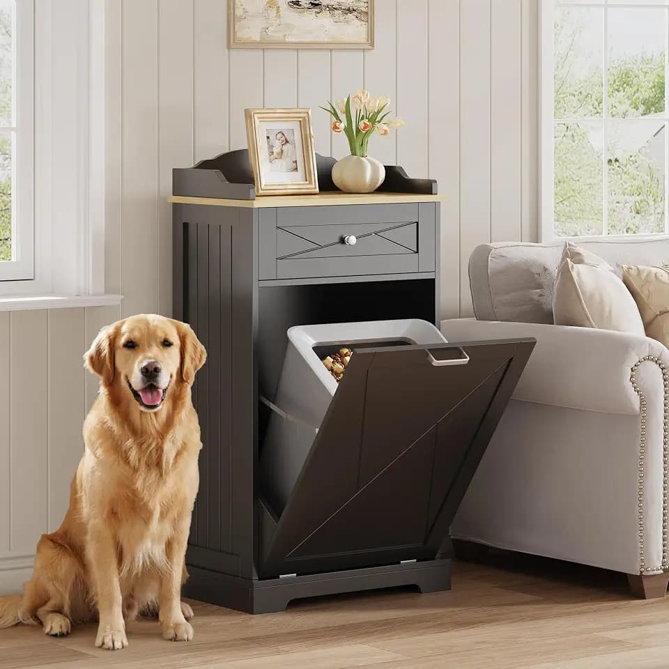 kepptory Dog Feeding Station with Storage Drawer, Pet Organizers and Storage Adjustable Shelf, Dog Feeder Station, Pet Storage Cabinet for Cats and Dogs