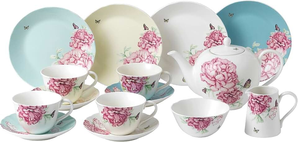 Royal Albert Miranda Kerry Everyday 40034018 15-teiliges Tee-Set mit Teetasse, Untertasse, Beilagenteller, 20 cm, Teekanne, Zucker und Creme, Mehrfarbig, Porzellan, 15-teilig